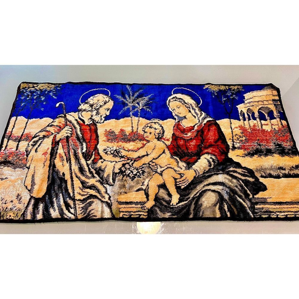 Vtg Blue Velvet Tapestry Wall Hanging Kneeling Rug Jesus Mary Joseph Made in Ita